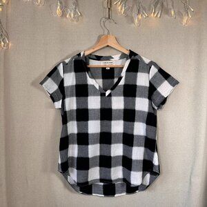 Cloth & Stone Black White Buffalo Plaid V-Neck Short Sleeve Top | Size S